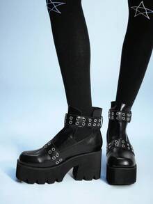 Sugerpunk 女式哥特式金属孔眼设计方头粗跟朋克靴，PU 皮革黑色高跟靴，适合派对、日常穿着、晚礼服，增高修腿 - 黑色 - 查看 4