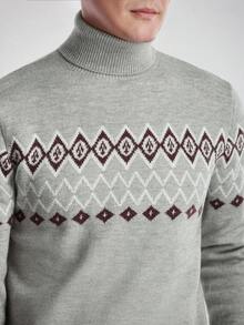 Manfinity CityGents Men's Geometric Pattern Long Sleeve Casual Turtleneck Sweater, Autumn/Winter