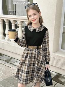 SHEIN 青少年女孩梭织格子紧身休闲连衣裙 - 黑色 - 查看 4