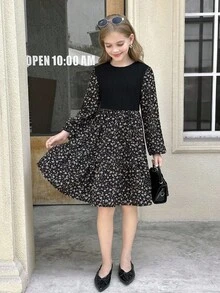 SHEIN Tween Girl LUNE 花卉印花灯笼袖荷叶边下摆连衣裙，法式花卉，仙女裙，田园风 - 黑色 - 查看 6