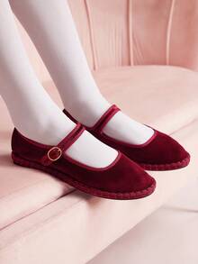 CUCCOO DOLLMOD 女士勃艮第天鹅绒经典舒适玛丽珍平底鞋，优雅时尚 - 復古紅色 - 查看 6