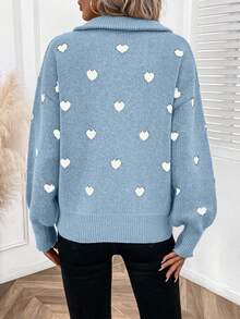 EURMUSE Women's Casual Everyday Commute Loose Fit Heart Pattern Drop Shoulder Half Zip Cardigan Sweater, Autumn/Winter - Baby Blue - View 2