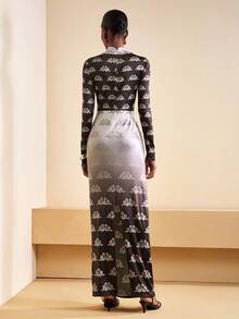 Zivah Vestido maxi 2025 de nueva llegada para otoño con manga larga, frente retorcido, cremallera en la espalda y cintura plisada, con estampado gráfico negro y plateado, adecuado para fiesta de cumpleaños, banquete, vuelta al colegio, uso casual diario, crucero, elegante y casual de negocios - Multicolor - Ver 2