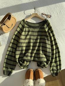 Comfortcana Plus Size Plus Size Striped Raglan Sleeve Long Sleeve Casual Sweater, Autumn/Winter - Green - View 4