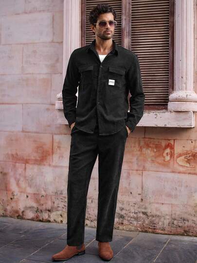 HIMLAND 2pcs/Set Men's Casual Utility Pocket Corduroy Shirt & Pants Set, Fall Clothes