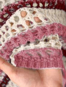 CosyJoli Plus Size Casual Blue & White Striped Hollow Out Boat Neck Loose Cropped Long Sleeve Sweater In Fall/Winter,Slightly Sheer