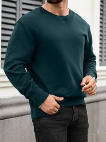 Manfinity Homme Plus Size Men's Casual Solid Color Crew Neck Sweater, Autumn/Winter