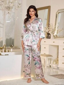LuxeNights 女士新款优雅奢华七分袖短款睡袍和裤子睡衣套装，秋冬秋季服装 - 彩色 - 查看 6