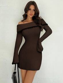 Firerie Elegant Sexy White Contrast Lace Patchwork Off Shoulder Flare Sleeve Cinched Waist Mini A-Line Sweater Dress, Autumn/Winter,Cozy Fall And Winter Clothes For Women