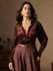 Anewsta 柔软丝绒烧花宽松休闲锈红色衬衫（亲肤柔软） - 鏽棕色 - 查看 4