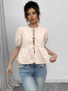 Rafferiza Women's, Puff Sleeve Blouse, Women's Shirt, Bowknot Strap - Apricot - View 5