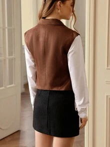 Aveloria Rosie سترة بلا أكمام من الجلد المدبوغ مع خصر مجعد وياقة على شكل حرف V عميقة للنساء - بني - مشاهدة 2