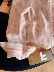 Resyla 新款休闲宽松粉色条纹衬衫，马刺绣设计，青春洋溢 - 粉色 - 查看 4