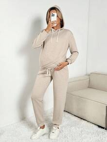 SHEIN 秋装，秋季服装，孕妇装秋冬装孕妇休闲两件套孕妇休闲宽松长袖上衣和裤子套装女士休闲套装两件套女士舒适两件套女士套装裤子两件套女士休闲孕妇装两件套装 - 杏色 - 查看 5