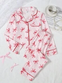 2pcs Girls Cute Bow Print Cardigan And Pants Comfortable Pajama Set - Multicolor - View 3