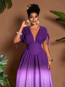 Eryvara 女士优雅浪漫渐变印花领结 V 领 A 字长裙，百搭设计，适合外出、海滩、音乐节、婚礼宾客毕业装商务休闲波西米亚风抽绳领结松紧腰度假旅行春夏秋季 A 字长裙 - 紫色 - 查看 3