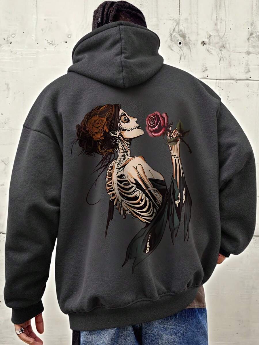 Men's Vintage Faith Graphic Sweatshirt, Dark Angel Print Hoodie, Suitable For Everyday Wear - Dark Grey - View 1