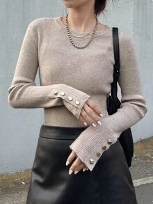 FRIFUL 女式纯色圆领长袖修身休闲套头衫，带纽扣袖口装饰，秋季 - 杏色 - 查看 7