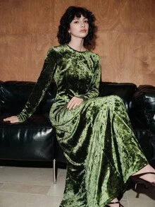 Vestido longo de malha de veludo com losangos minimalista Uhlyne, design elegante com bainha plissada para deslocamento diário, escritório, igreja, escola, casamento, outono/inverno - Borgonha - Ver 8