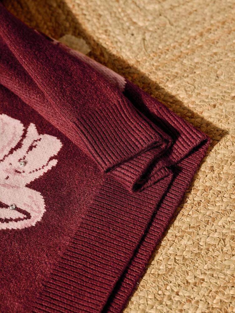 Burgundy Floral Romantic Elegant Rhinestone Embellished Pullover Sweater, Suitable For Commute, Carnival, Valentine's Day