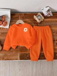 2 件套女婴可爱花卉印花休闲圆领长袖运动衫和裤子套装，适合秋冬季 - 橘色 - 查看 5