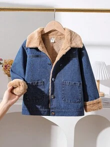 Genkimix Kids 秋冬新款韩版男童保暖内衬夹克，小翻领水洗牛仔休闲时尚外套 - 深色水洗藍 - 查看 1