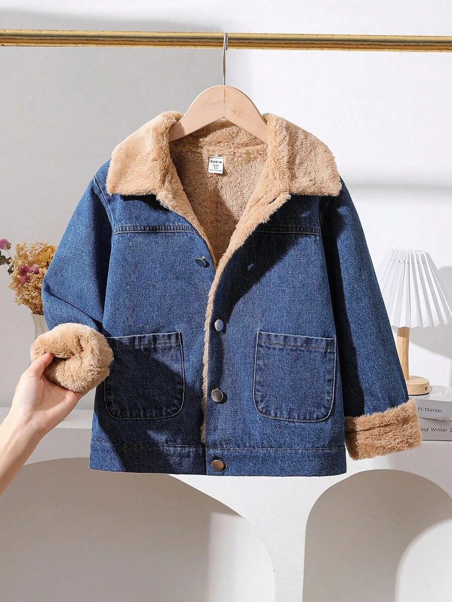 Genkimix Kids 秋冬新款韩版男童保暖内衬夹克，小翻领水洗牛仔休闲时尚外套 - 深色水洗藍 - 查看 1