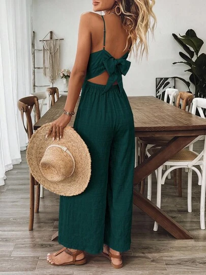 Breezaya Damen V-Ausschnitt rückenfreier Romper mit Schleife, rosenrot, für Frühling/Sommer Resort