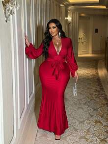 NU&NOW Plus Size New Year Women's Red Ruffled Waist Tie-Waist Lantern Sleeve Long Sleeve Slim Fit Dress, Suitable For Dates, Parties, And Autumn/Winter Wear. - Red - View 1