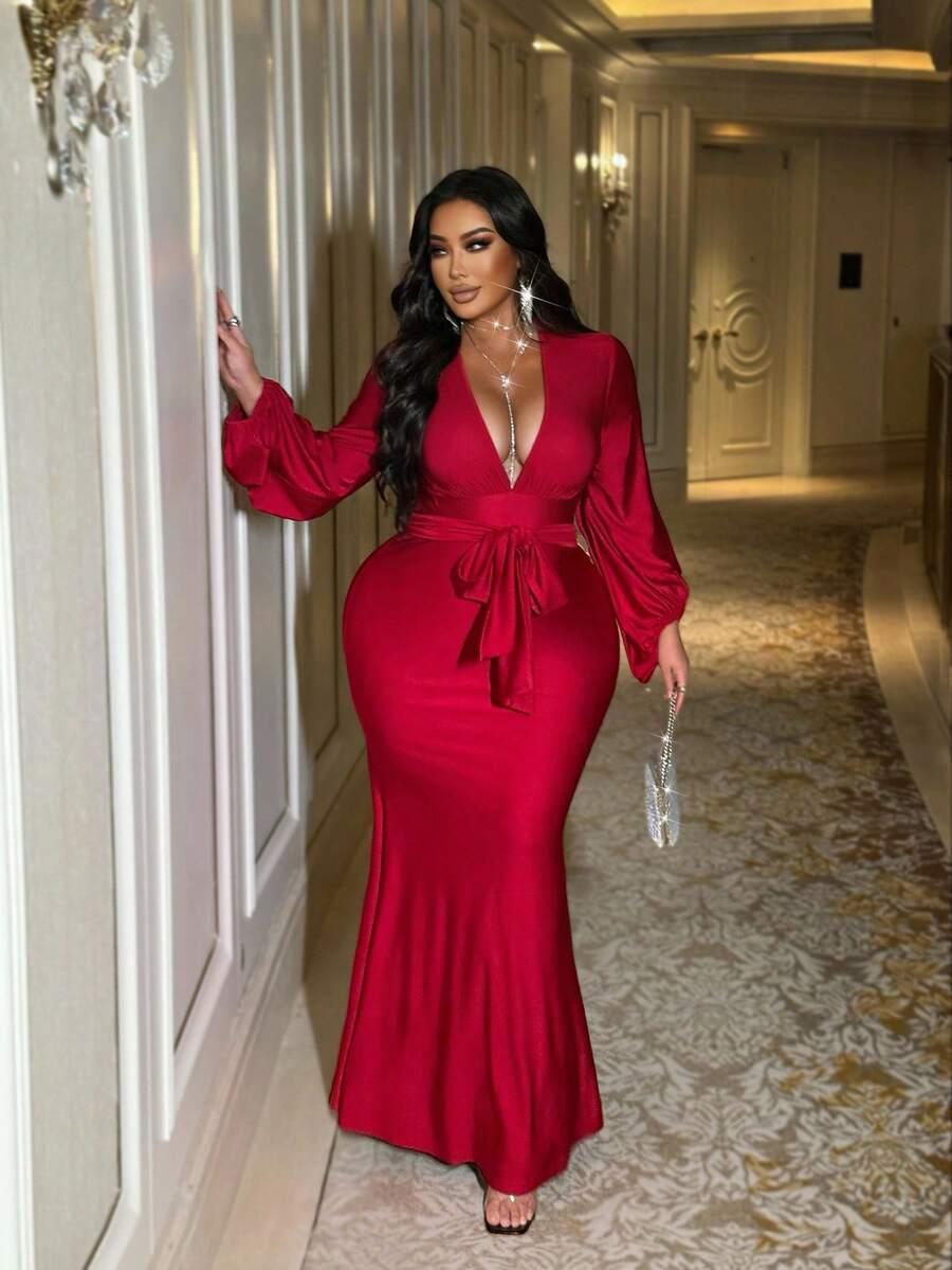 NU&NOW Plus Size New Year Women's Red Ruffled Waist Tie-Waist Lantern Sleeve Long Sleeve Slim Fit Dress, Suitable For Dates, Parties, And Autumn/Winter Wear. - Red - View 1