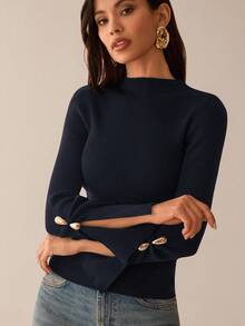 Lilora Áo len bodycon tay dài xẻ tà trang trí kim loại cho mùa thu/đông - Màu xanh hải quân - Xem 3
