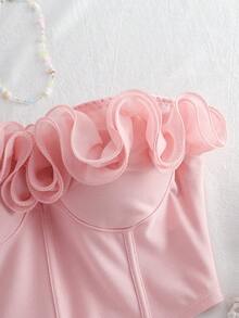 SHEIN Tall CURVE Plus Size Women Ruffled Hem Fashionable Bandeau Top For Summer Valentine's Day - Pink - View 3