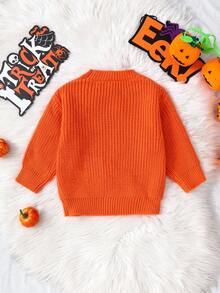 Young Boys Embroidered Devil Graphic Crew Neck Knit Long Sleeve Sweater, Versatile For Casual Wear, Holidays, Autumn/Winter