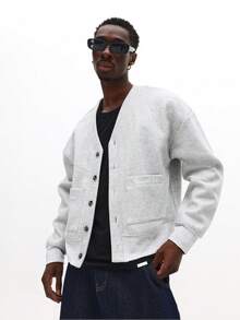 SUMWON Áo khoác cardigan len dệt kim cao cấp kiểu dáng thể thao, cài nút phía trước, cổ điển, thời trang đại học, thêu chữ, thiết yếu cho mùa thu đông - Màu Xám nhạt - Xem 3