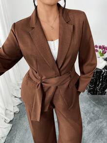 SHEIN Privé Plus Size Casual Commuter Solid Color Jacket And Pants Suit - Mocha Brown - View 7