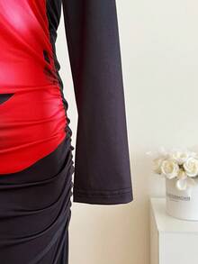 Sweetra Young Váy vải dệt kim màu đen trơn dành cho bé gái tuổi teen mùa xuân, hè, thu, váy dài tay ôm in hoa ombre màu đỏ, phù hợp cho bé gái tuổi teen, sang trọng và thanh lịch để mặc hàng ngày, đi biển, tiệc tùng, chụp ảnh - màu đen - Xem 4