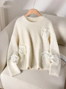 Elaquor Plus Size Women Plus Size Floral Decor Long Sleeve Pullover Sweater, Autumn/Winter