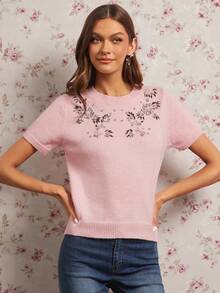 Enchnt Women's Light Pink Summer Elegant Tea Party Short Sleeve Knit Top,Sparkle Rhinestone&3D Sequined Flowers Decor,Sweet Fashionable For Date - Pink - View 6