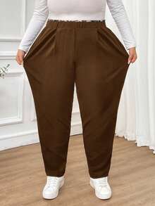 SHEIN CURVE+ Pantalones negros de talla grande para mujer con estampado de leopardo, costuras, cintura elástica y bolsillos, ropa de otoño e invierno, ropa informal y cómoda, pantalones para trabajo, ropa de maestra, pantalones para curvas, ropa de oficina, ropa casual de negocios para mujer