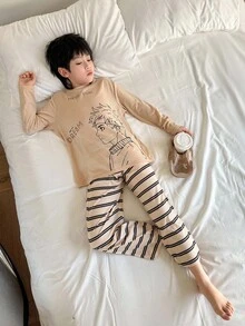 SHEIN 2pcs Tween Boy Casual Cartoon Graphic Round Neck Long Sleeve T-Shirt And Striped Loose Fit Straight Leg Pajama Pants Sleepwear Set - Khaki - View 5