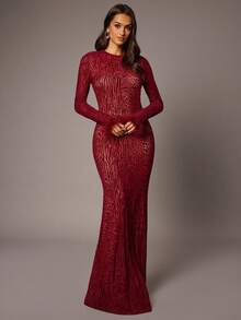 Silquee 蕾丝曲线连衣裙，优雅假日派对、生日、情人节/婚礼宾客礼服/秋季服装/万圣节/返校节/圣诞节/外出/女士生日礼服/女士派对迷你连衣裙，浪漫立领豹纹植绒优雅性感开衩长袖紧身连衣裙，适合情人节、圣诞节、约会、外出、夜店派对、聚会等场合，秋冬季浪漫纯红色、酒红色、波尔多红、动物纹植绒，优雅性感鱼尾毛拼接长袖 - 酒紅色 - 查看 2