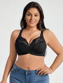 1pc Plus Size Lace Patchwork Wireless Bra, Lift - Black - View 6