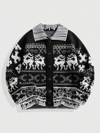 Street Life Men's Vintage Street Style Turndown Collar Fair Isle Cardigan, Fall/Winter