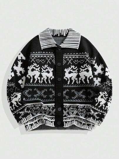 Street Life Men's Vintage Street Style Turndown Collar Fair Isle Cardigan, Fall/Winter