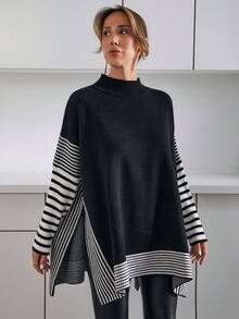EURMUSE Women Stripe Pattern Round Neck Drop Shoulder Oversize Pullover Oversized Tops Sweaters For Women Plus Oversized Sweatshirt Woman Jumper For Woman Modest Tops For Women - Black - View 3