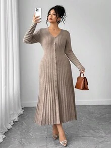 SHEIN Elenzya 1pc Women Plus Size Elegant V-Neck Long Sleeve Flared Hem Sweater Dress