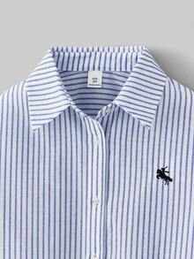 Ontre Tween 女童蓝白条纹刺绣领长袖休闲衬衫 - 藍白色 - 查看 3