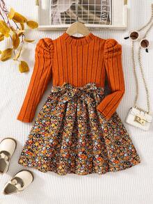 SHEIN Young Girls,Tween Orange Ribbed Patchwork Ditsy Floral Gigot Sleeve A-Line Dress,Autumn Winter Casual School Birthday Party Princess Clothes For Girls - Black - View 10