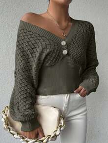 SHEIN Cottnline Women's Solid Color Hollow V-Neck Button Knitted Sweater - Army Green - View 4