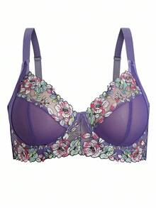 DesireSculpt Plus Size Elegant Floral Embroidery Underwire Bra - Purple - View 5